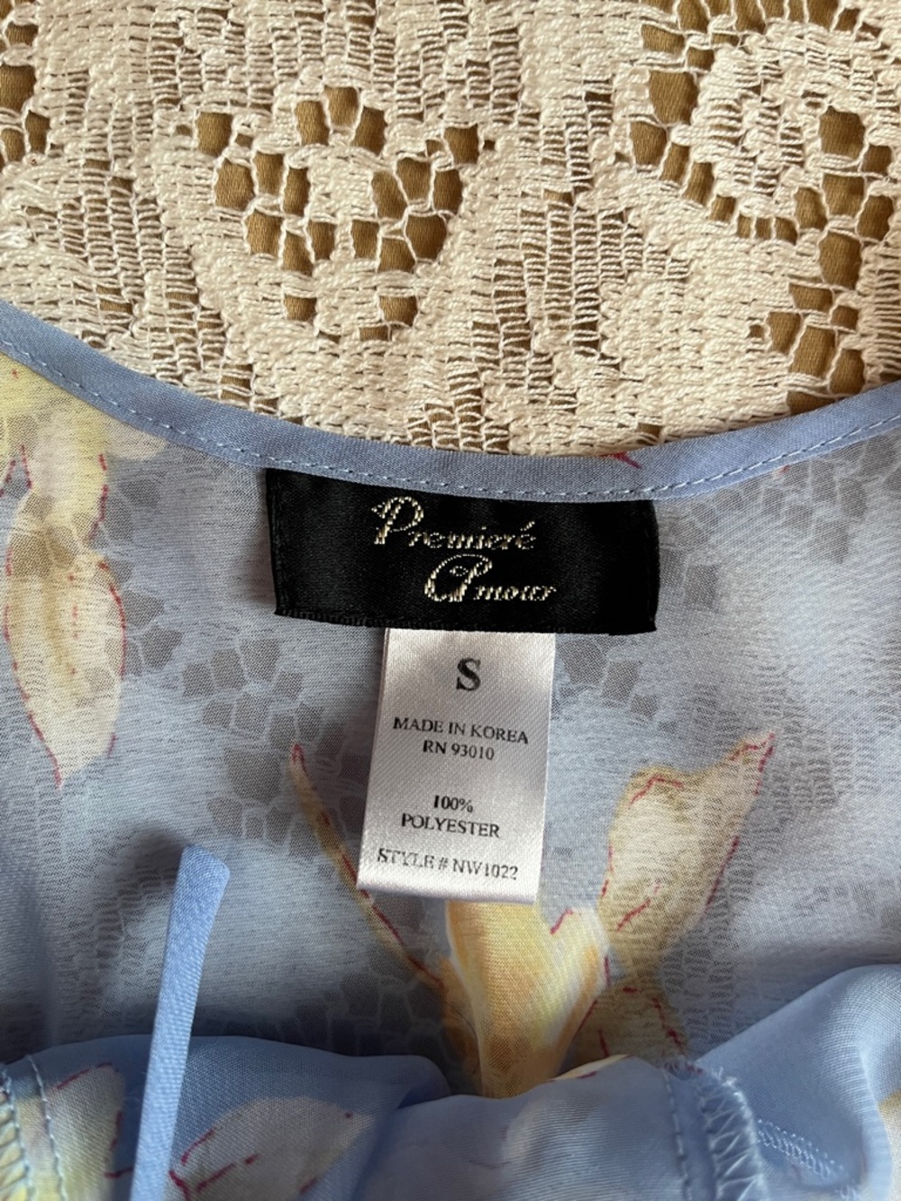 Premiere Amour Floral Chiffon Tie-Front Top, Blue & Butter Yellow, Size S - Picture 2 of 3